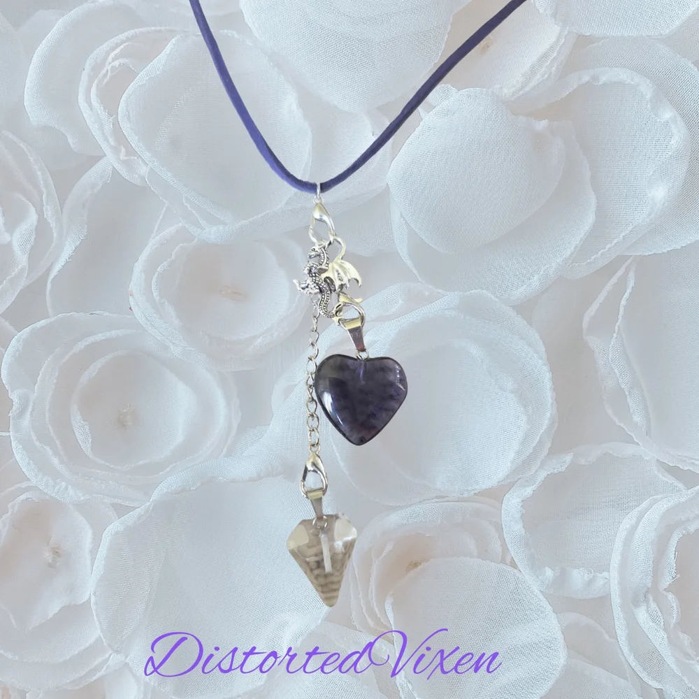 Navy Blue Glass Heart & Clear Glass Pendulum Necklace – with dragon charm